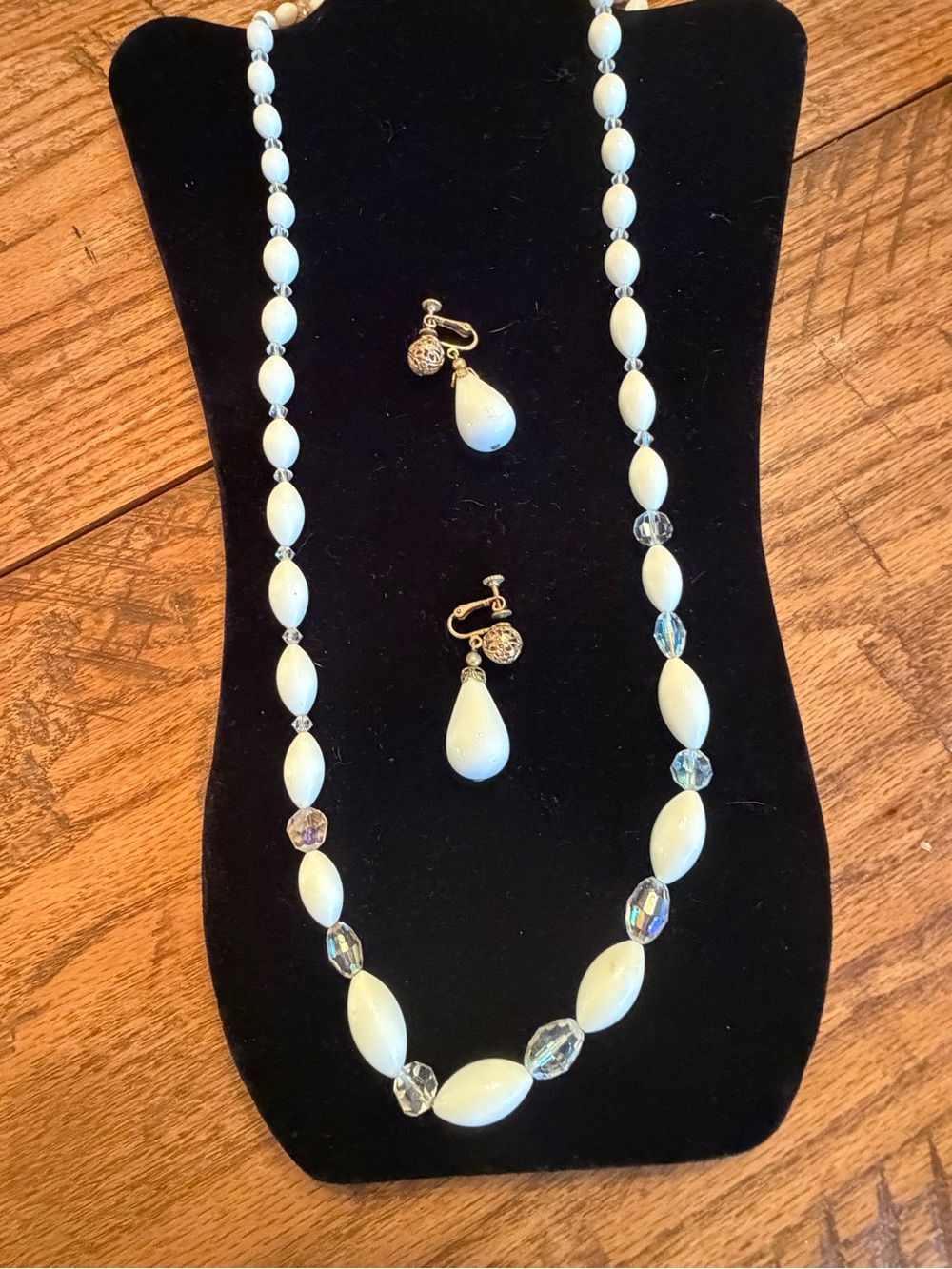 Elegant Milk White Bead Necklace and Drop Clip-on Earrings Set